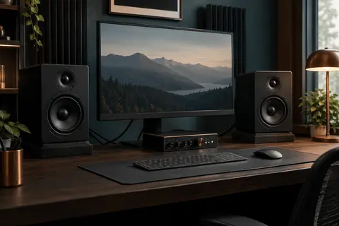 Paire d’enceintes de monitoring noires installées sur un bureau en bois dans un home-studio rangé.
