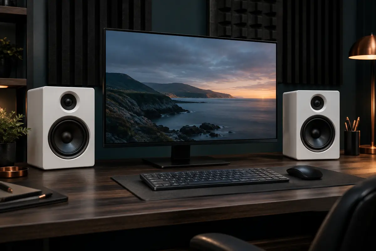 Paire de moniteurs de studio blancs installés sur un bureau en bois sombre dans un home-studio.