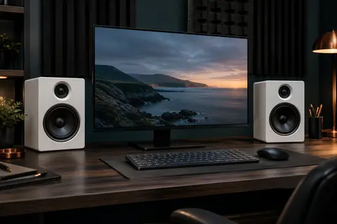 Paire de moniteurs de studio blancs installés sur un bureau en bois sombre dans un home-studio.