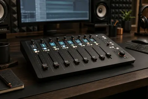 Surface de contrôle DAW noire à huit faders motorisés installée sur un bureau de home-studio.