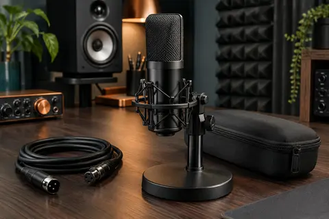 Microphone cardioïde PreSonus M7 sur son support, avec câble XLR et étui dans un home-studio