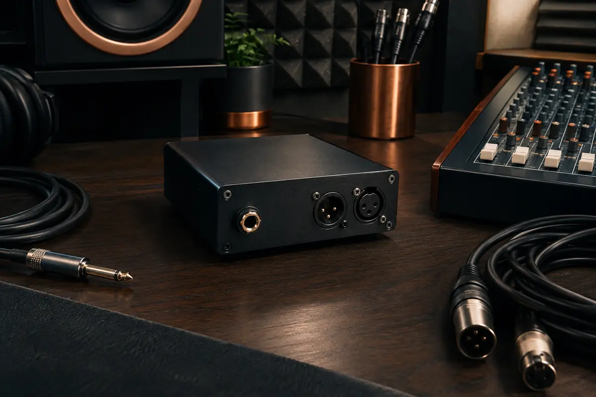 Boîte de direct passive noire avec prises jack et XLR posée dans un home-studio
