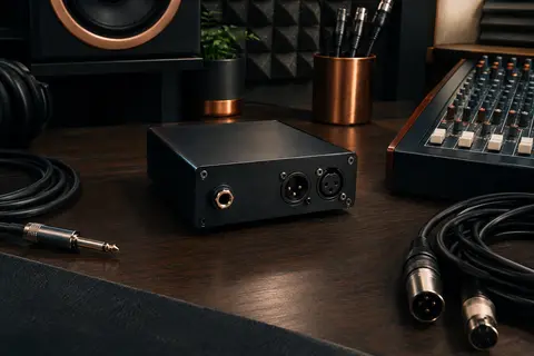 Boîte de direct passive noire avec prises jack et XLR posée dans un home-studio