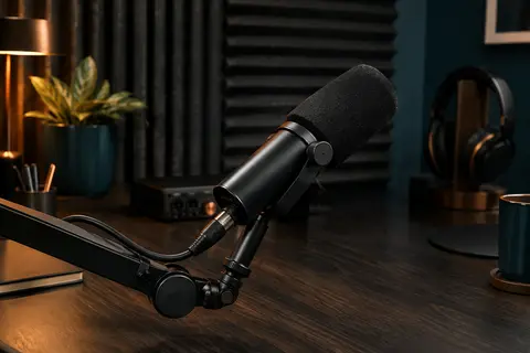 Microphone dynamique noir avec support pivotant, installé sur un bras dans un home-studio