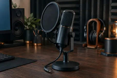 Microphone USB à condensateur sur support de bureau, accompagné de son filtre anti-pop et de son câble USB-C.