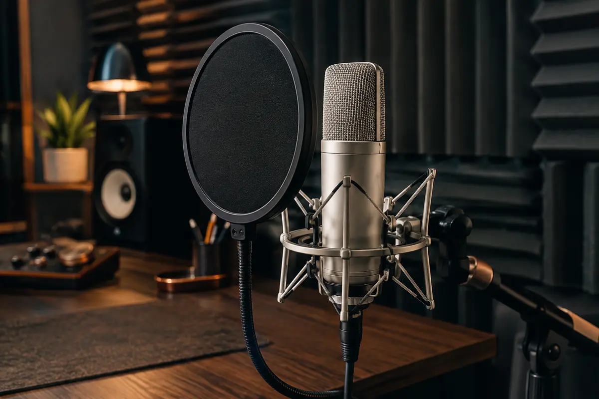 Microphone de studio argenté avec support antichoc et filtre anti-pop sur un bureau de home-studio.