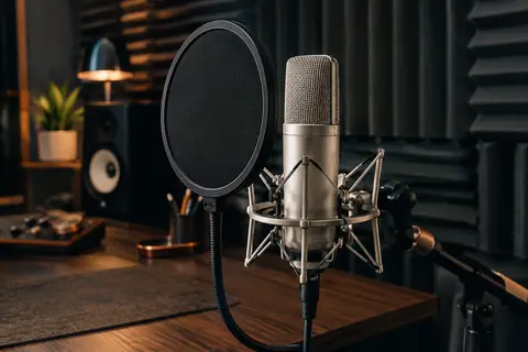 Microphone de studio argenté avec support antichoc et filtre anti-pop sur un bureau de home-studio.