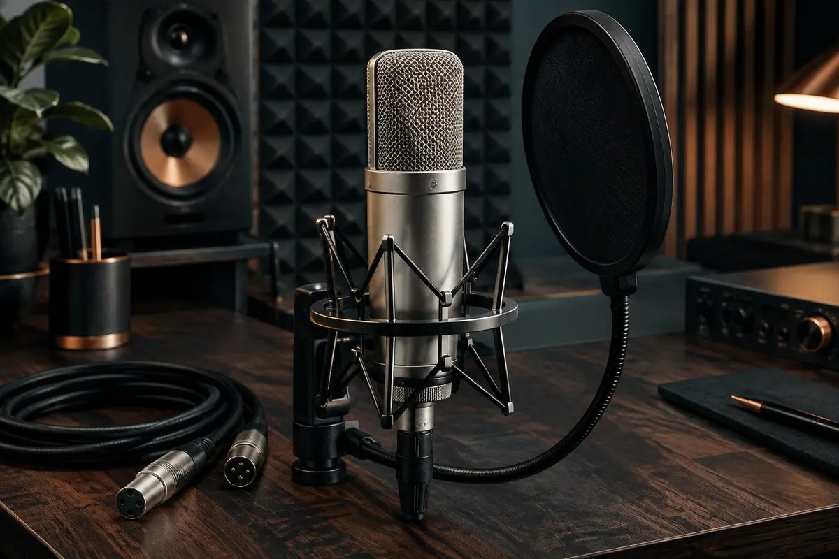 Microphone de studio argent à large membrane avec support antichoc et filtre anti-pop dans un home-studio