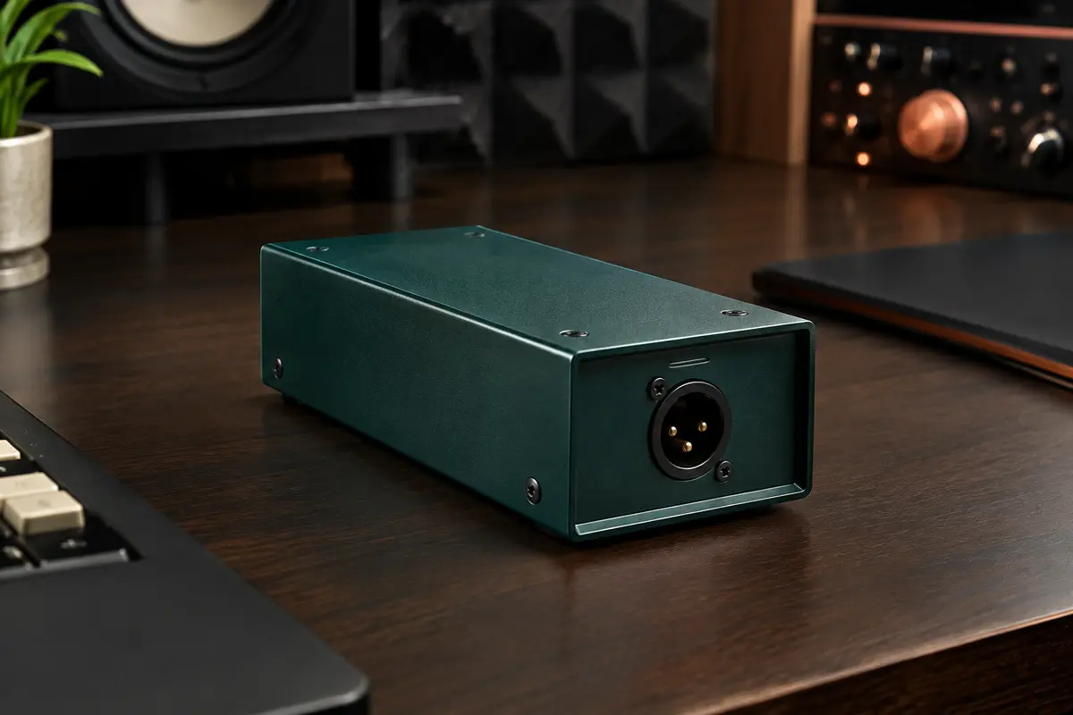 Boîte de direct passive mono Radial ProDI verte en acier, posée sur un bureau de home-studio