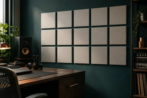 Panneaux carrés en feutre blanc disposés sur le mur d’un home studio rangé