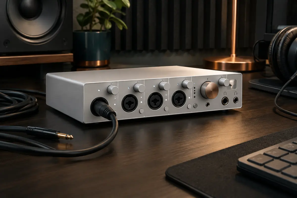 Interface audio Roland Rubix44 blanche en métal, posée sur un bureau de home-studio avec ses connectiques visibles.