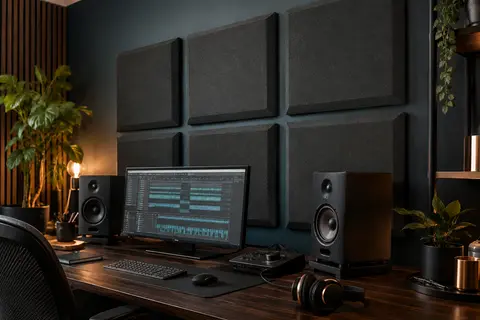 Panneaux acoustiques en mousse gris anthracite installés au mur d’un home-studio rangé.