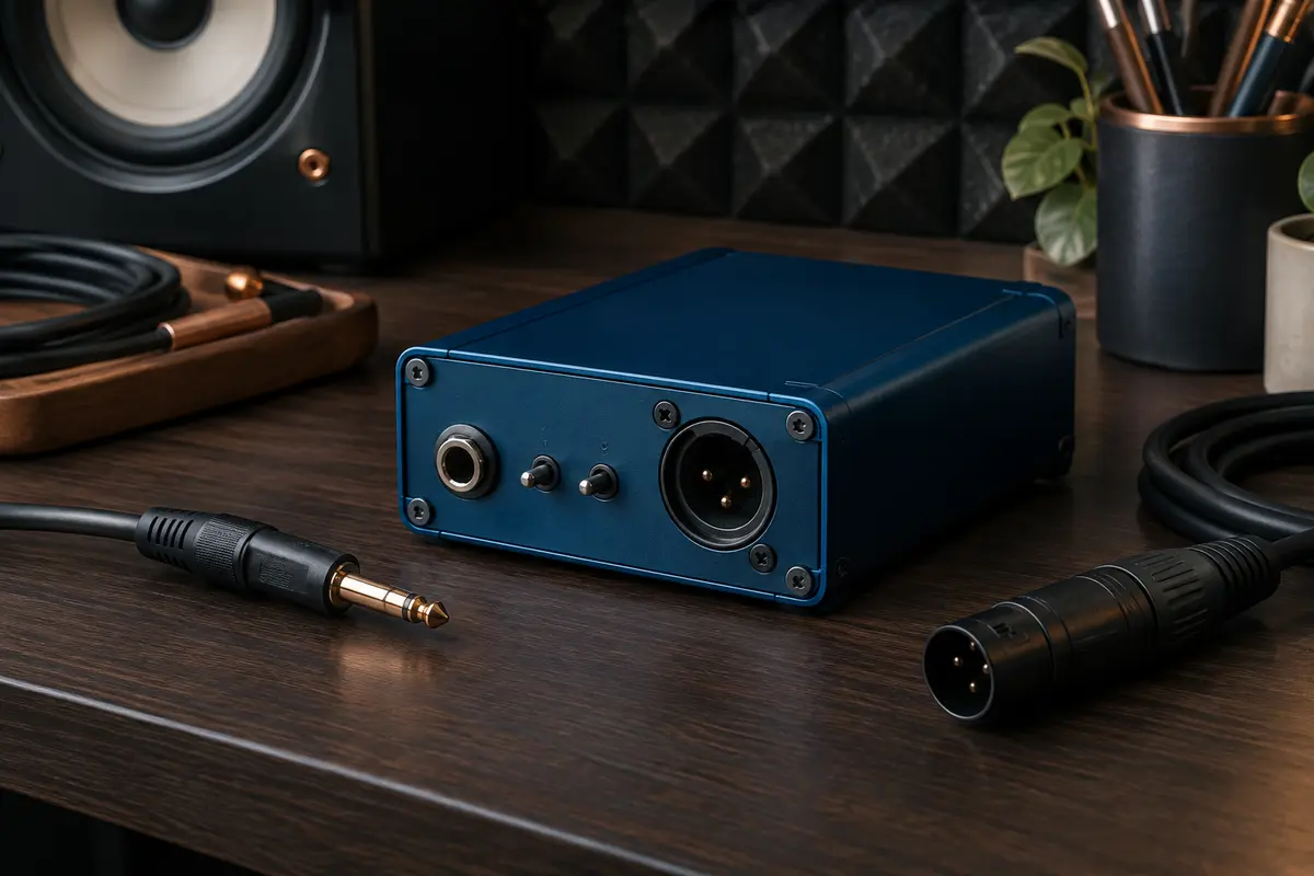 Boîtier de direct actif bleu avec prises jack, sortie XLR et interrupteurs, posé dans un home-studio.