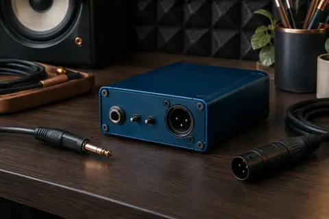 Boîtier de direct actif bleu avec prises jack, sortie XLR et interrupteurs, posé dans un home-studio.
