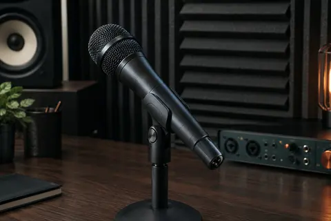 Microphone dynamique cardioïde noir posé sur un support dans un home-studio aux tons sombres