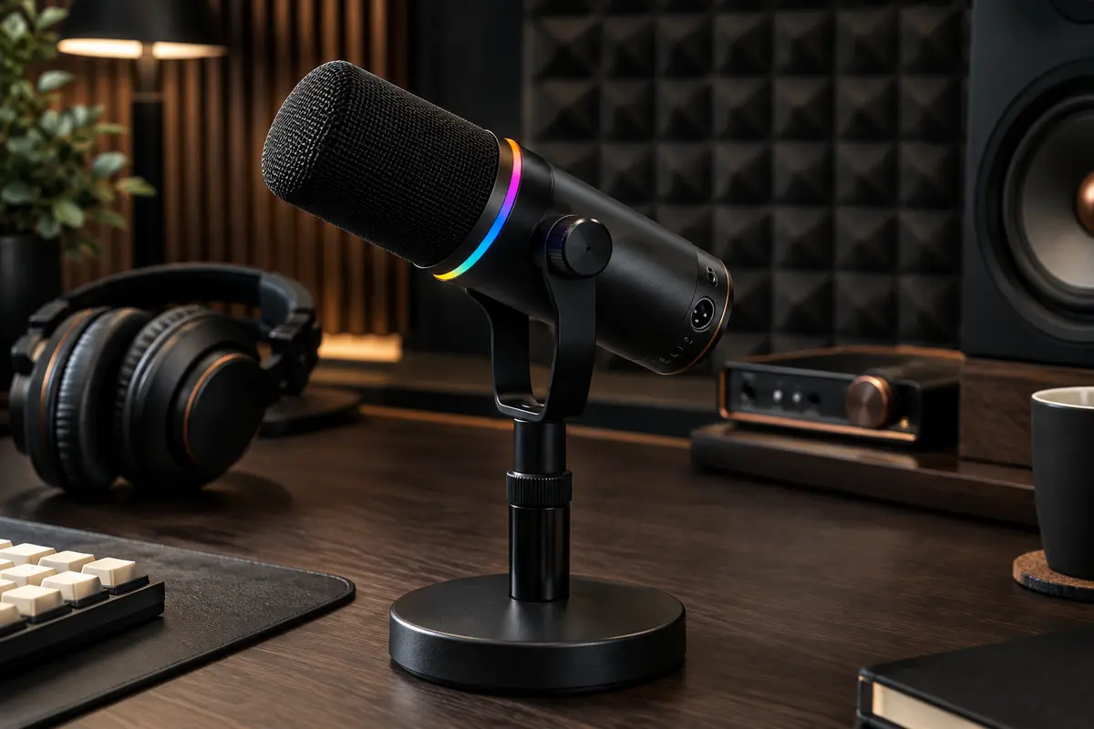 Microphone dynamique noir avec bandeau LED tactile installé sur un bureau de home-studio