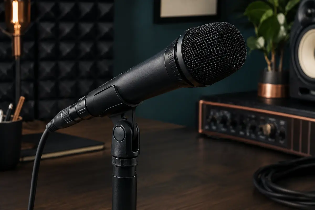 Microphone dynamique noir Shure MV7X monté sur un pied dans un home-studio aux mousses acoustiques.