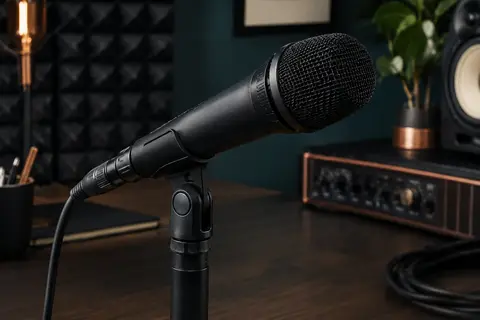 Microphone dynamique noir Shure MV7X monté sur un pied dans un home-studio aux mousses acoustiques.