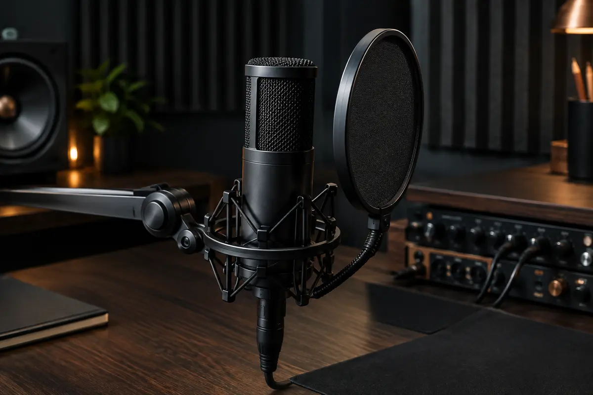 Microphone de studio noir à condensateur installé dans sa suspension, avec filtre anti-pop magnétique