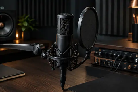 Microphone de studio noir à condensateur installé dans sa suspension, avec filtre anti-pop magnétique