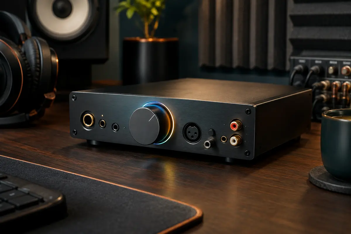 Amplificateur casque Socodox en métal noir posé sur un bureau de home-studio avec ses commandes et connecteurs visibles.