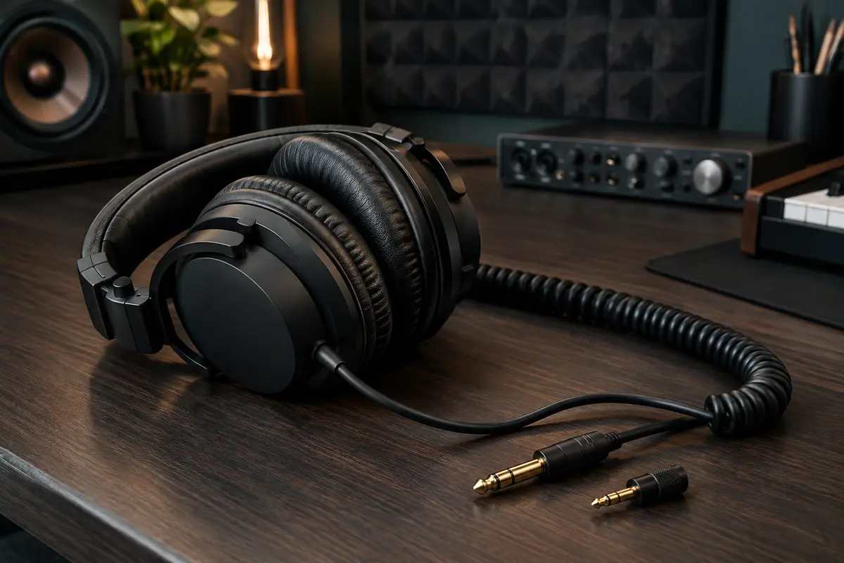 Casque de studio fermé noir pliable posé sur un bureau en bois sombre, avec son câble torsadé visible.
