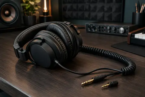 Casque de studio fermé noir pliable posé sur un bureau en bois sombre, avec son câble torsadé visible.