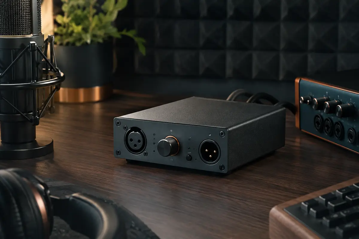 Préampli micro SubZero compact en métal, avec connexions XLR, posé dans un home-studio.