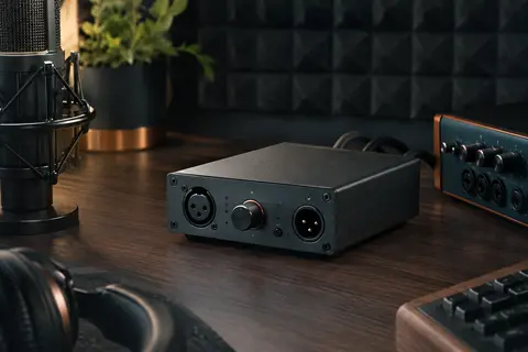 Préampli micro SubZero compact en métal, avec connexions XLR, posé dans un home-studio.
