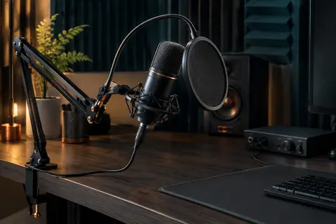 Microphone USB noir sur bras articulé avec filtre anti-pop, installé sur un bureau de home-studio.