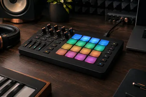 Contrôleur MIDI Synido TempoPAD P16 avec 16 pads RVB posé sur un bureau de home-studio