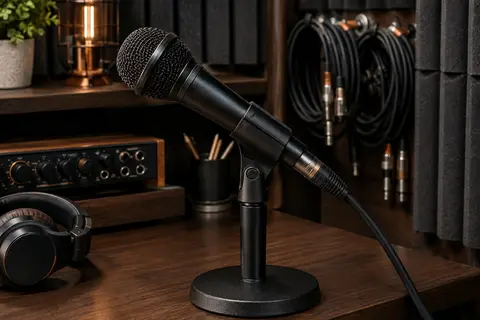 Micro dynamique Talomen noir posé sur un support dans un home-studio aux murs traités acoustiquement.