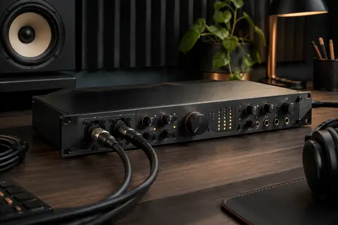 Interface audio noire installée sur un bureau en bois sombre dans un home-studio rangé.