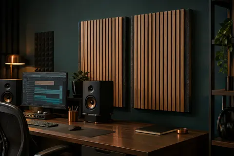 Deux panneaux acoustiques à lamelles en placage de chêne installés sur le mur d’un home-studio