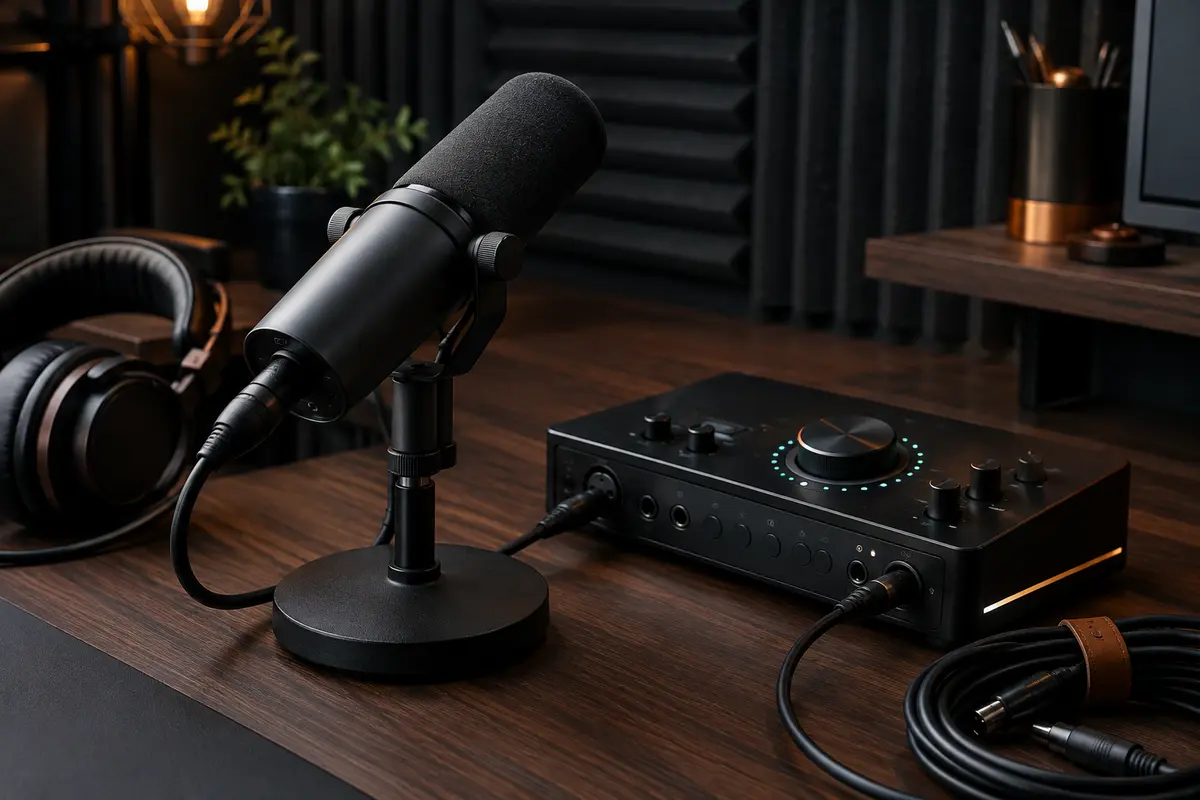 Microphone dynamique noir et interface audio avec éclairage RGB discret sur un bureau de home-studio.