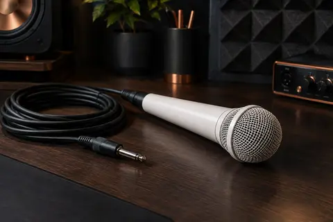 Microphone dynamique vocal blanc posé dans un home-studio, avec son câble noir soigneusement disposé.