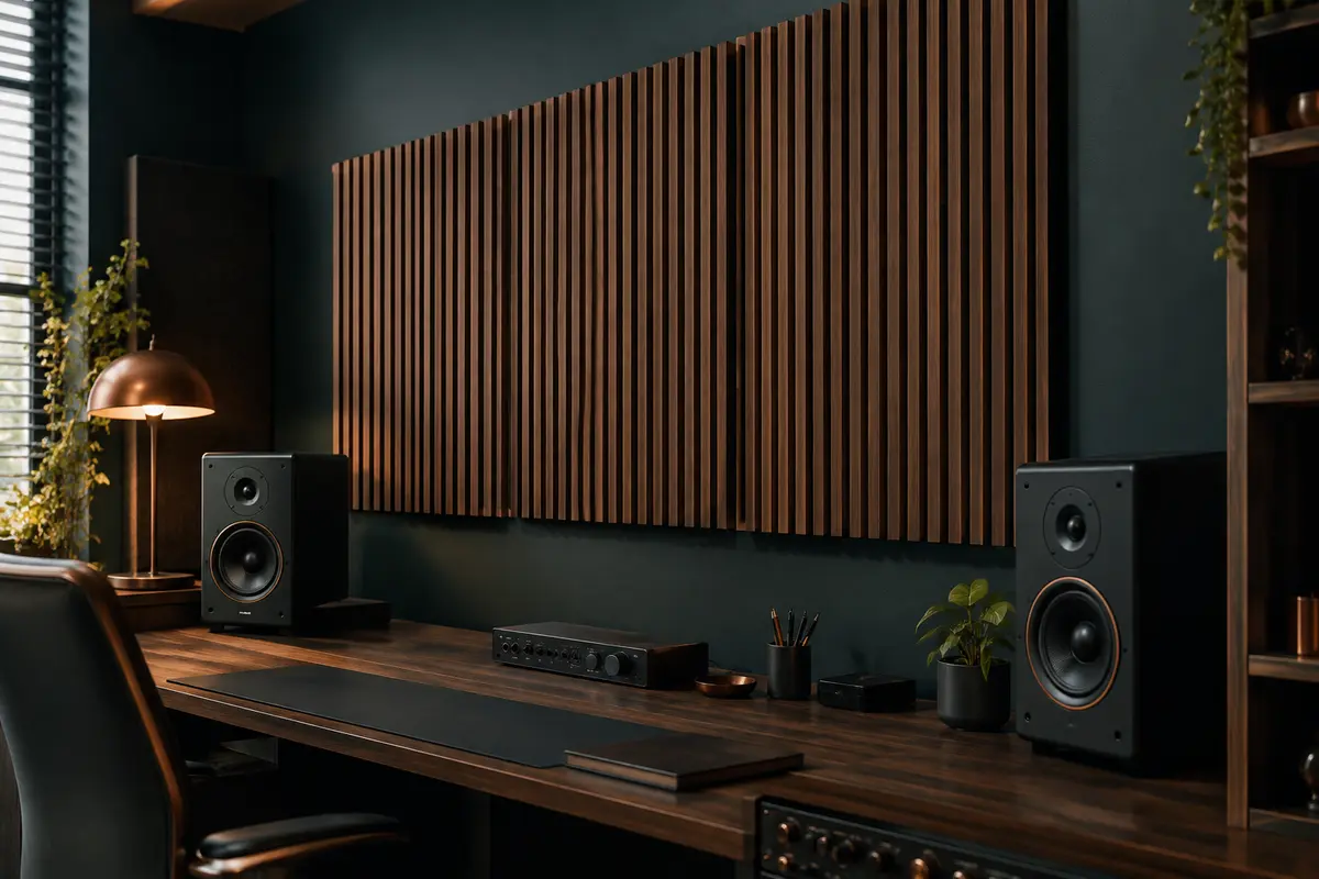 Panneaux acoustiques muraux à tasseaux en placage bois installés dans un home-studio rangé