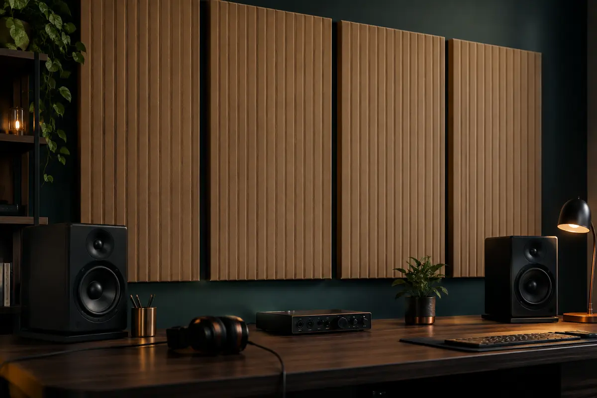 Panneaux acoustiques camel à rayures posés sur un mur de home-studio au décor sobre et rangé