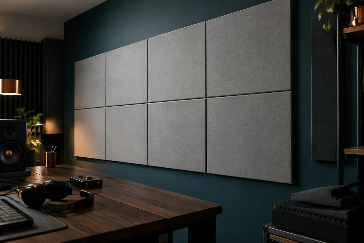 Panneaux acoustiques autocollants gris clair en polyester installés sur un mur de home-studio