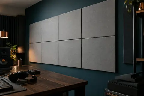 Panneaux acoustiques autocollants gris clair en polyester installés sur un mur de home-studio