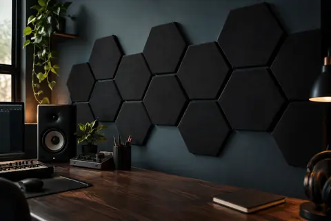 Panneaux acoustiques hexagonaux noirs installés sur le mur d’un home-studio au décor sobre