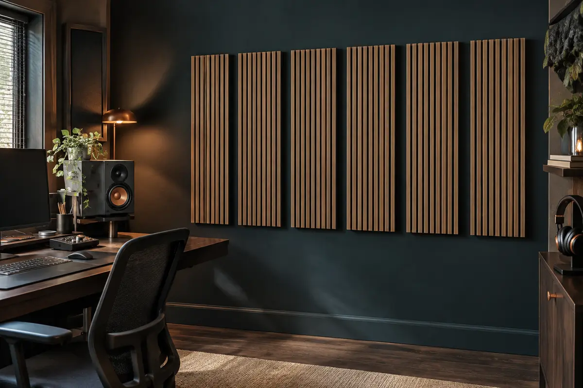 Panneaux acoustiques à tasseaux en chêne clair installés sur le mur d’un home-studio rangé.