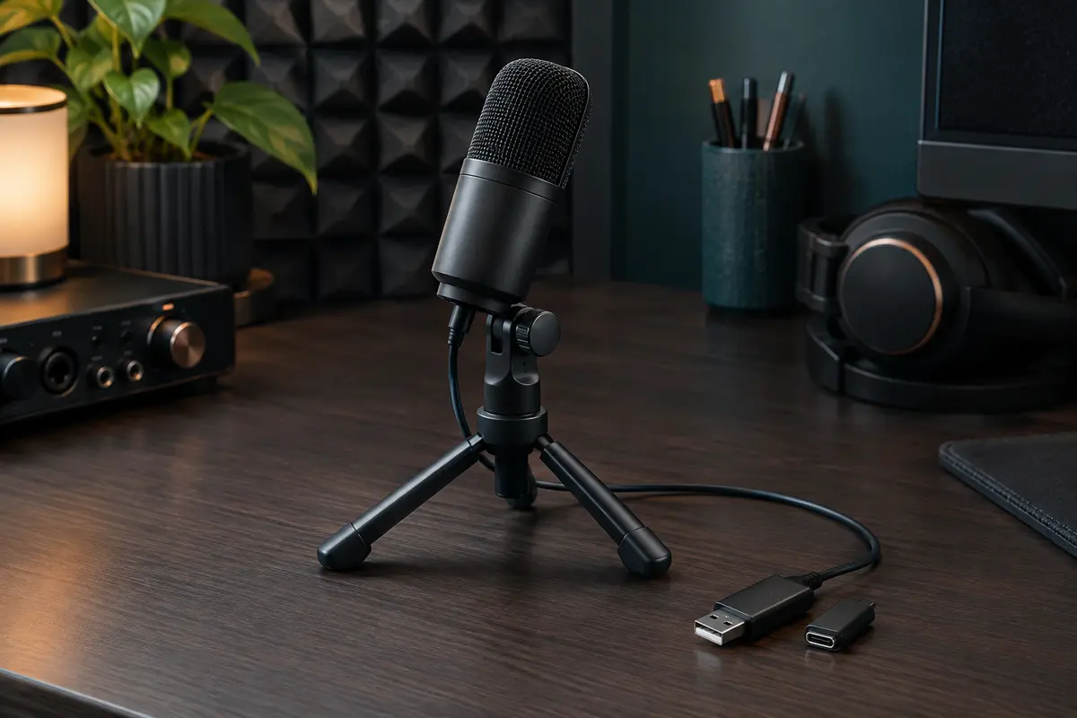 Microphone Trust Mico noir sur son trépied, posé sur un bureau de home-studio rangé