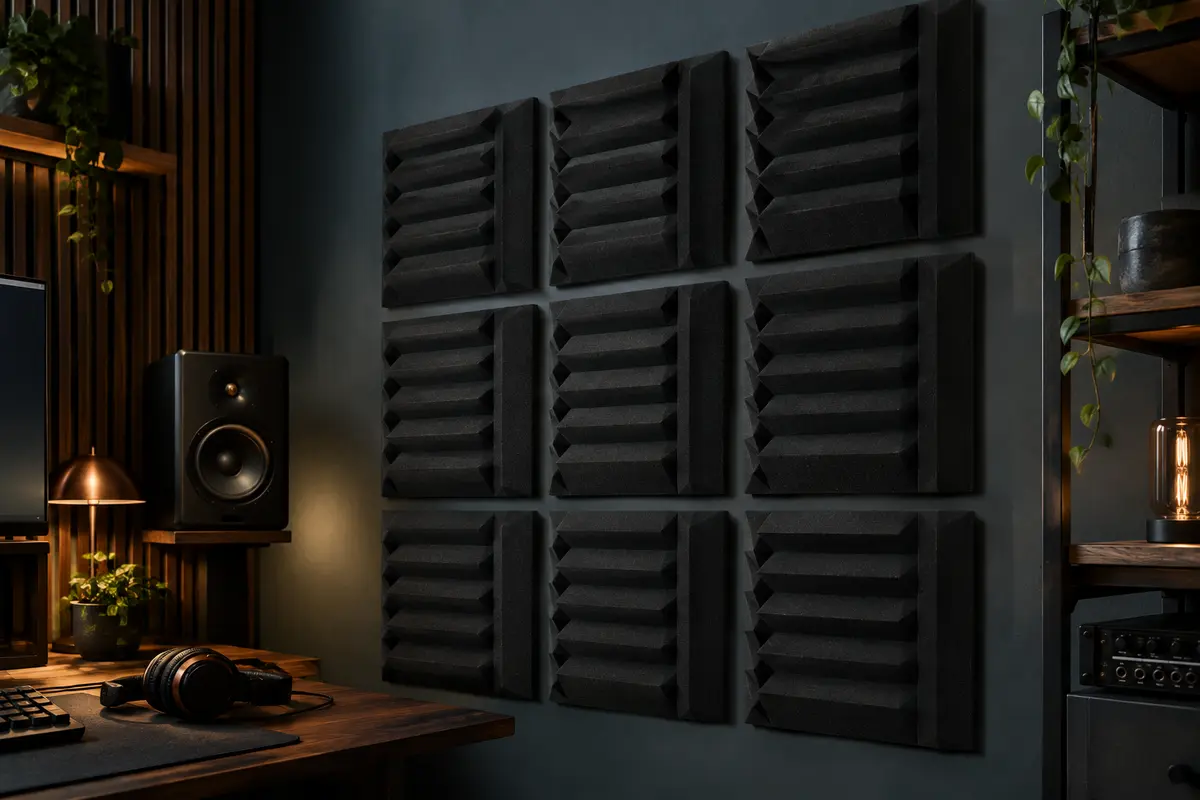 Panneaux acoustiques noirs en mousse 3D installés sur un mur de home-studio.