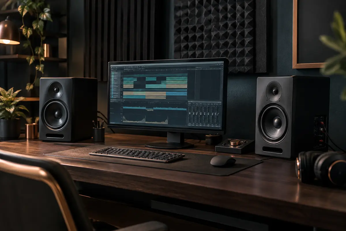 Paire d’enceintes de monitoring Yamaha HS4 noires installées sur un bureau de home-studio