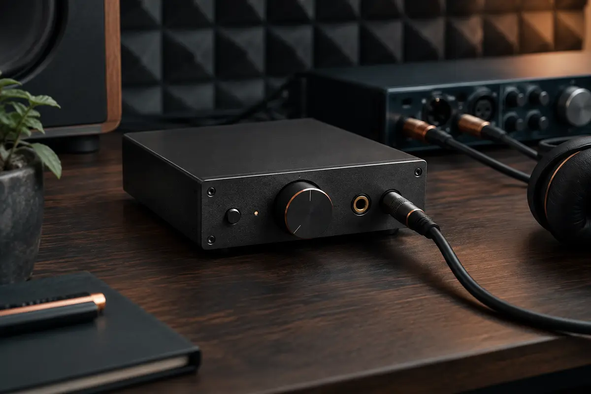 Amplificateur casque compact en métal posé sur un bureau de home-studio avec des câbles audio branchés.