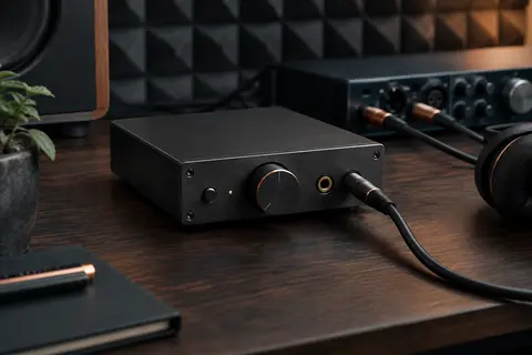 Amplificateur casque compact en métal posé sur un bureau de home-studio avec des câbles audio branchés.
