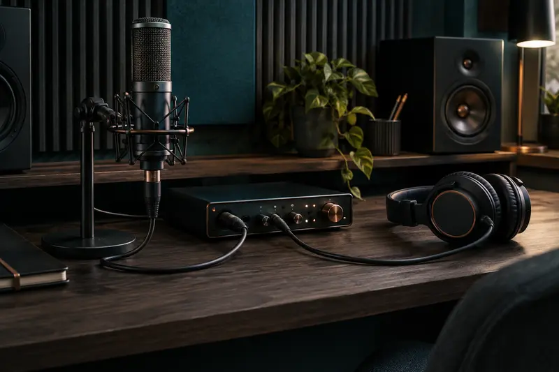 Interface audio, microphone et casque installés dans un espace de home-studio ordonné