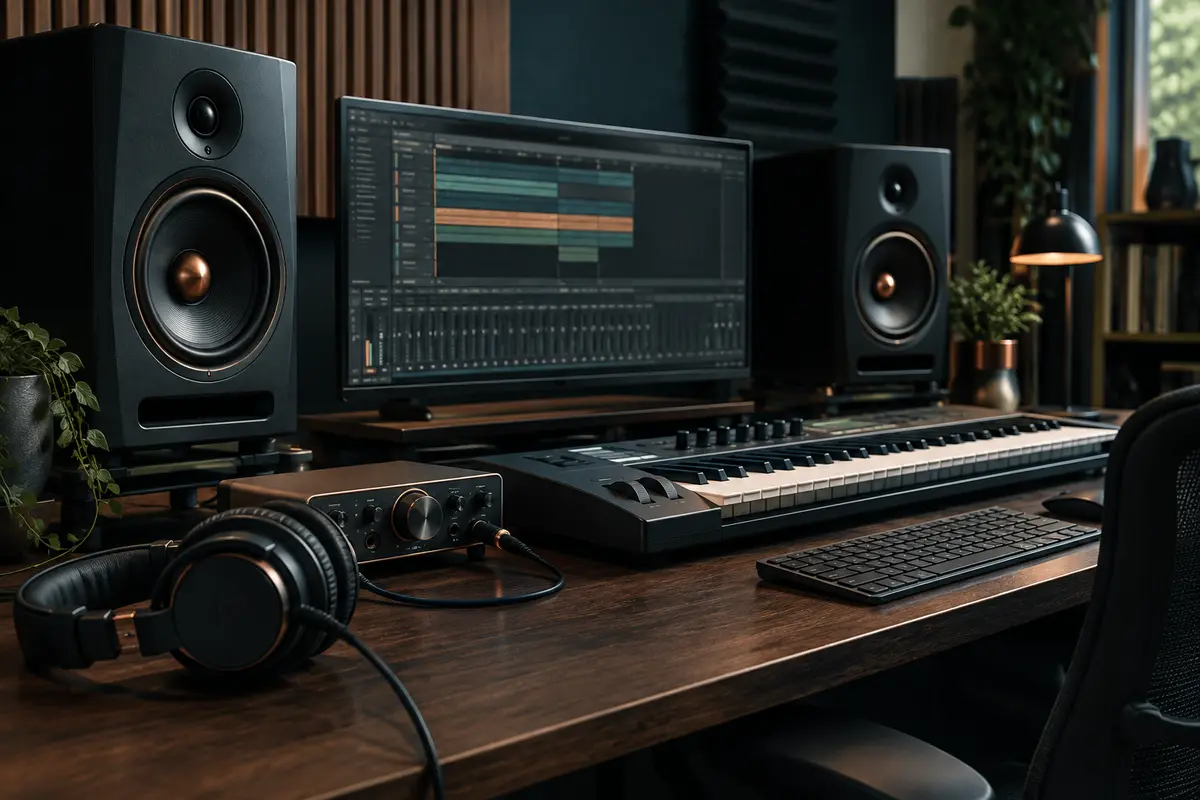 Vue d’un home-studio rangé avec enceintes de monitoring, interface audio, casque et clavier maître